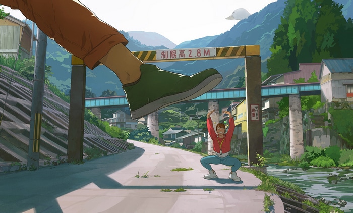 Giant shoe looms over a woman by a road