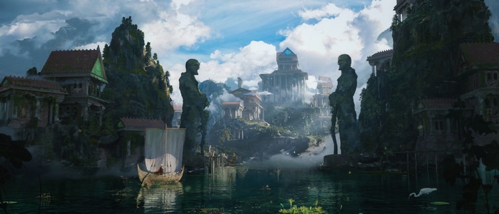 Ancient city with statues and a boat on the river