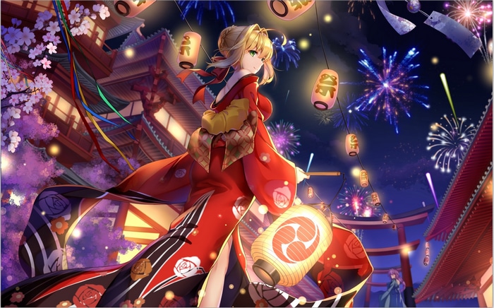 Nero Claudius in Kimono with Fireworks and Lanterns