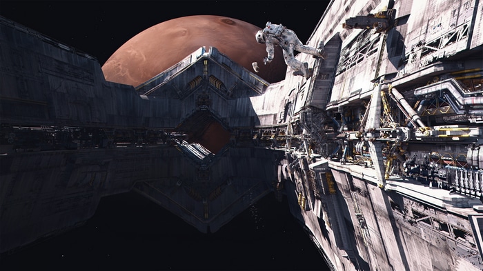 Astronaut near a space station with Mars in the background