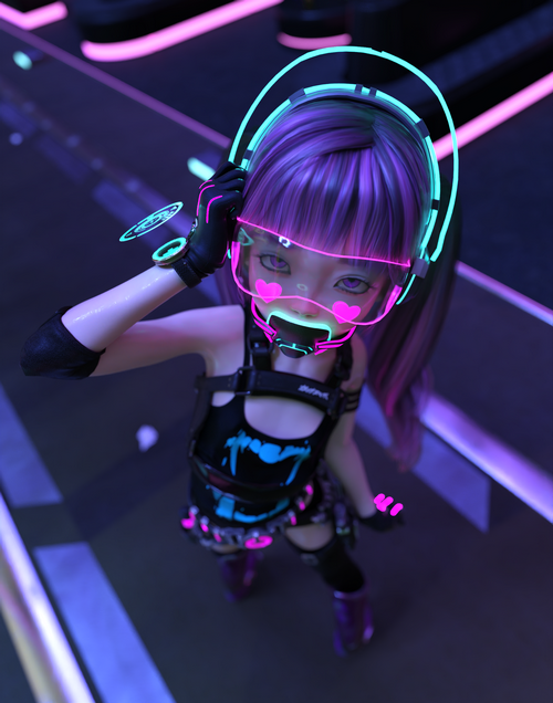 Cyberpunk Loli with Neon Headphones and Mask