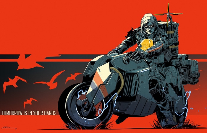 Sam Porter Bridges on a motorcycle with text