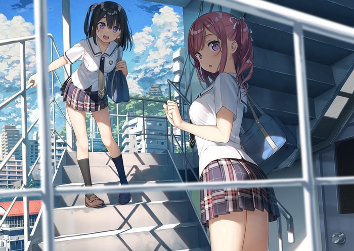 Anime girls Shizuku and Kurumi in school uniforms on stairs