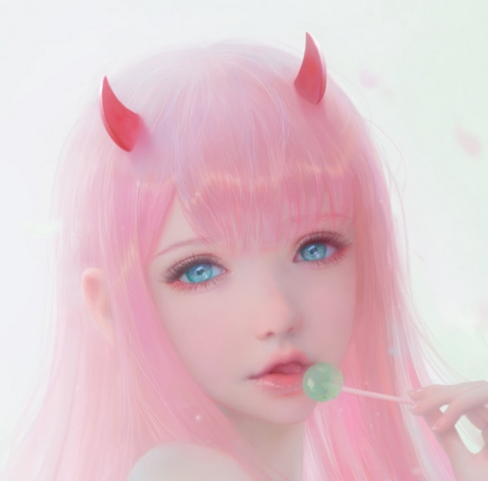 Zero Two with pink hair and aqua eyes holding a lollipop