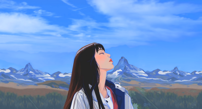 Girl enjoying mountain view in summer