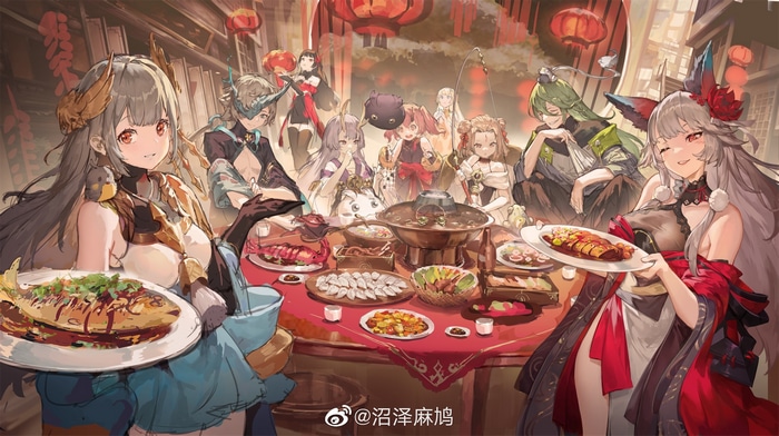 Anime characters celebrating Lunar New Year with a feast