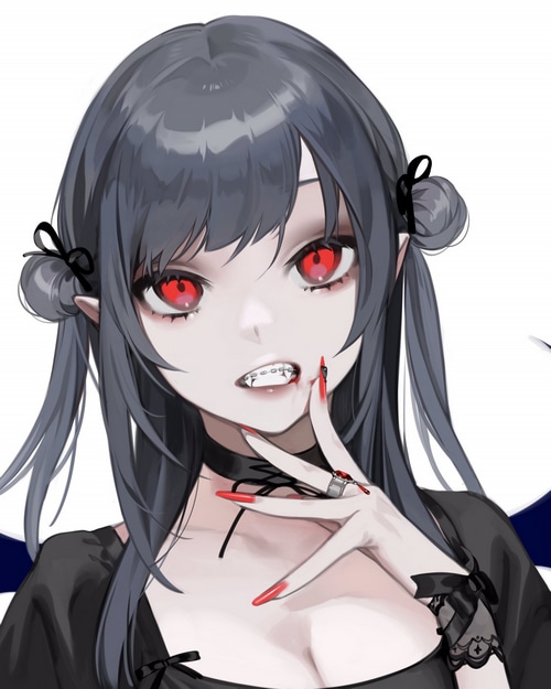 Anime girl with dark hair, red eyes, and braces