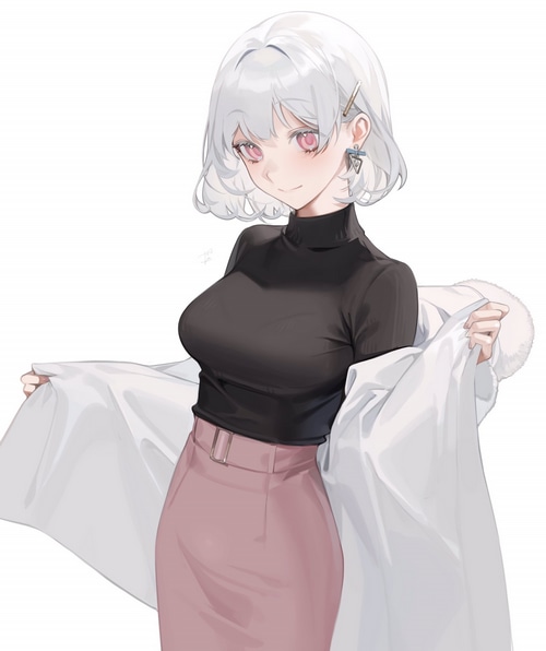 Anime girl with silver hair and pink eyes