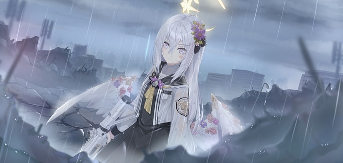 Angel girl with wings and gun in ruins