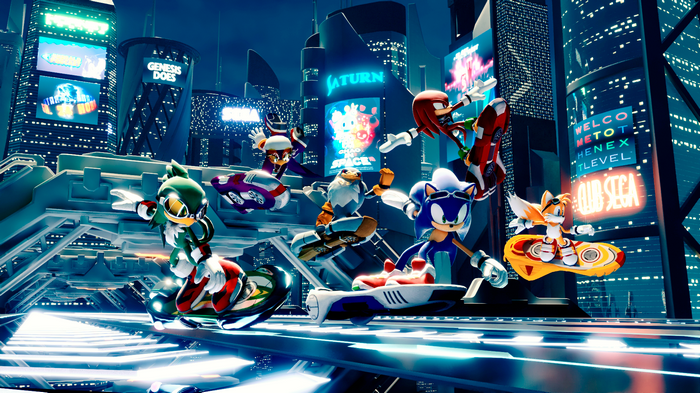 Sonic Riders characters racing in a futuristic city at night