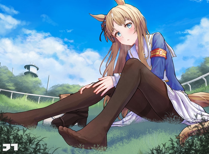 Anime girl with bunny ears sitting on grass