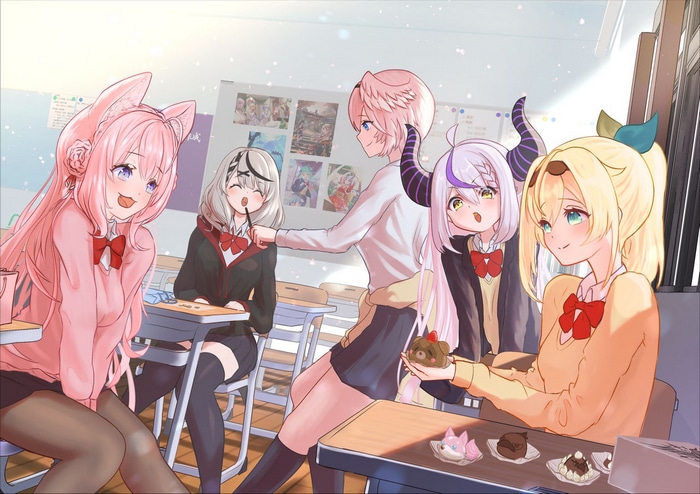 Hololive girls in a classroom setting