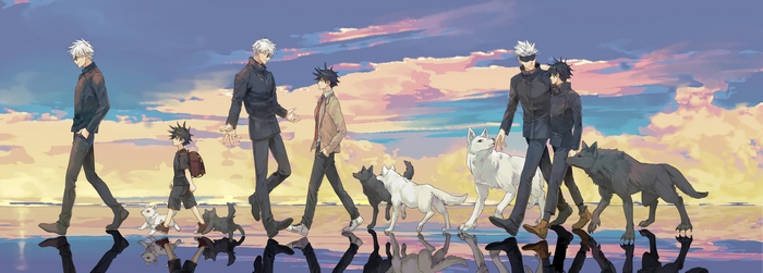 Satoru Gojo and Megumi Fushiguro with Dogs