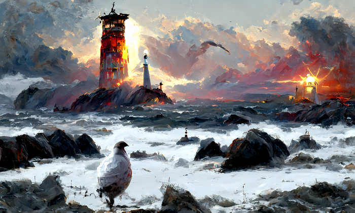 Oil painting of lighthouses on a rocky sea during sunset