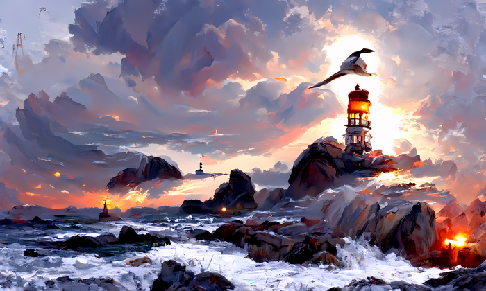 Painting of a lighthouse on a rocky coast at sunset