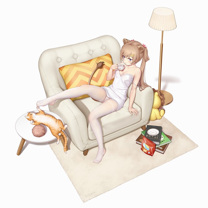 Cat girl drinking tea with cats on a couch