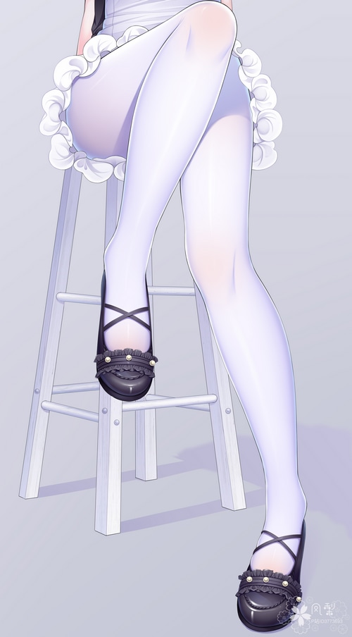 Woman in white pantyhose and black shoes sitting on stool