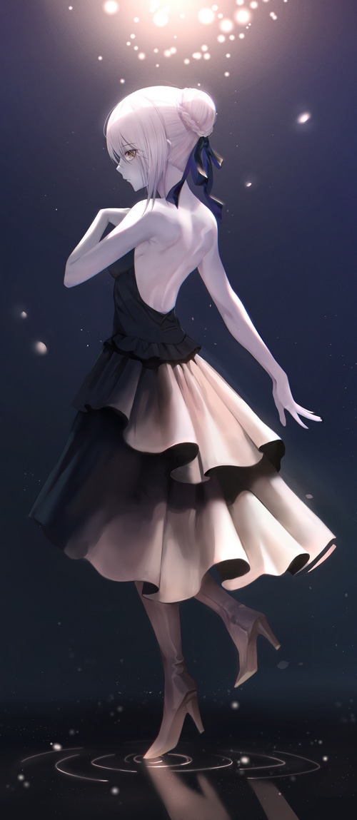 Saber Alter in a black and white dress