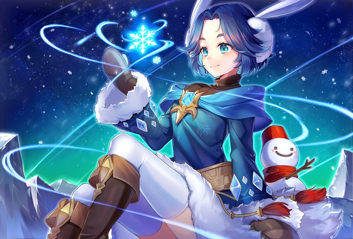 Dominiel from Epic Seven with Snowman and Snowflakes