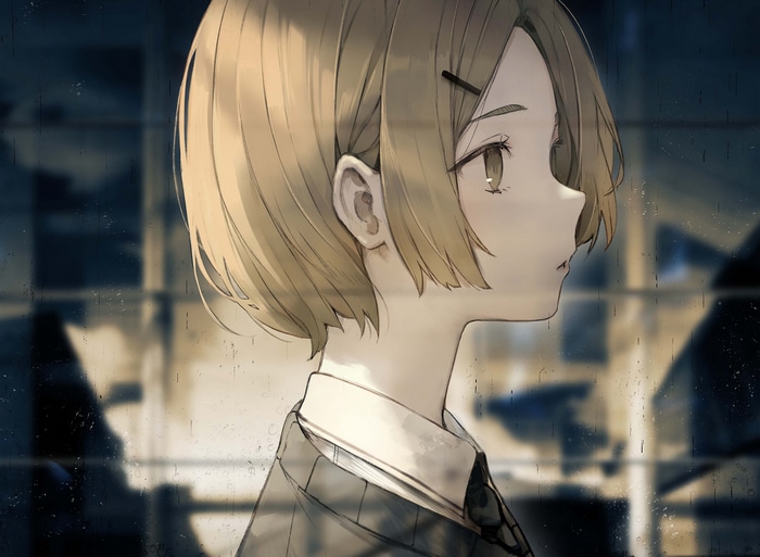 Anime girl in profile looking out a rainy window