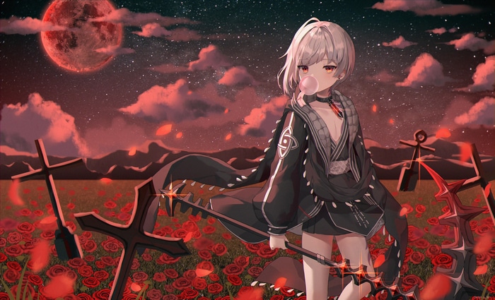 Haste (Epic Seven) in a field of roses under a red moon