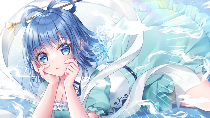 Anime girl Luo Tianyi with blue hair and scythe