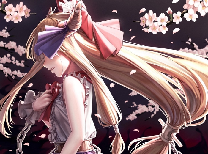Ibuki Suika crying under cherry blossoms