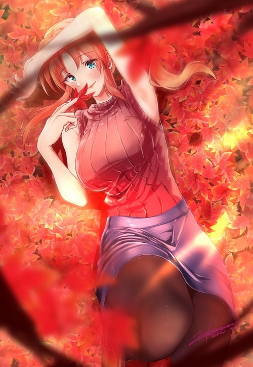 Anime girl lying in fall leaves