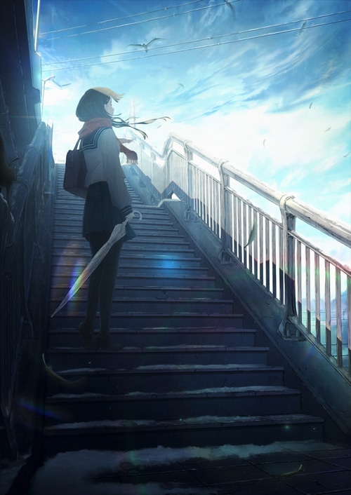 Girl in school uniform on stairs under sky