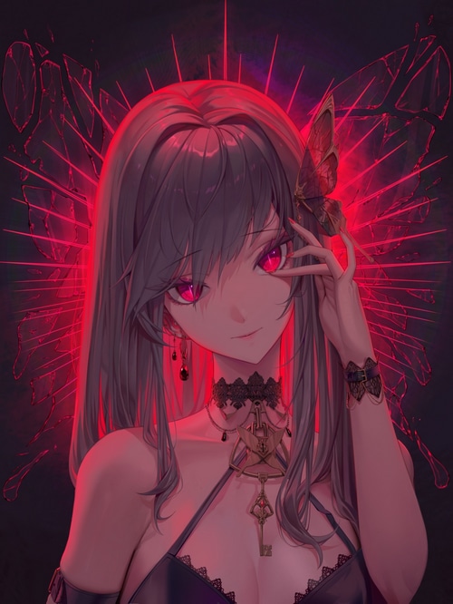 Anime girl with gray hair and red eyes