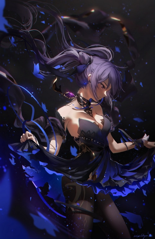 Keqing from Genshin Impact in a dark dress