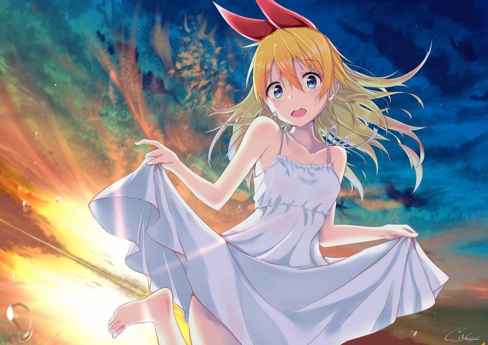 Kirisaki Chitoge in a white sun dress with a red bow