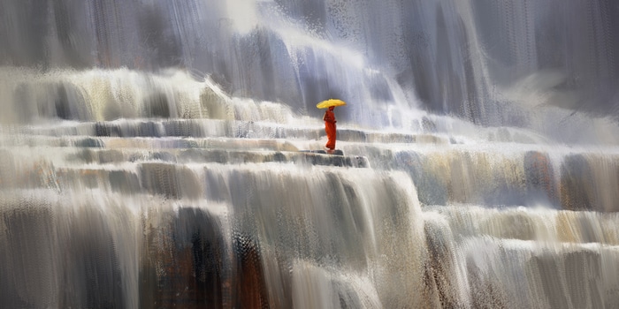 4K Digital Painting of a Monk with Umbrella at Waterfall