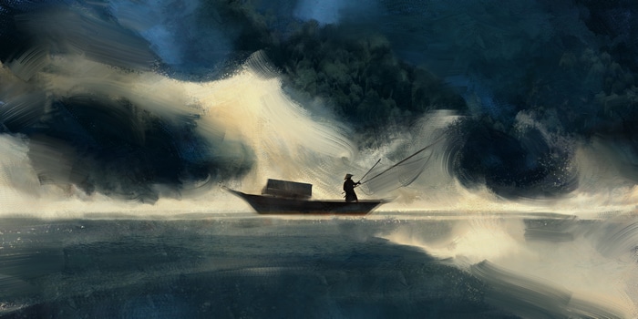 Fisherman in a boat on a stormy lake