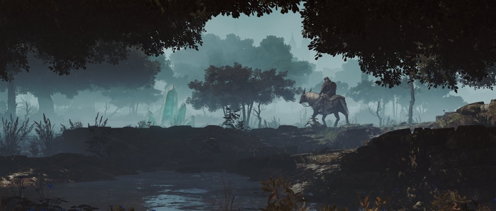 Elden Ring: Rider in a misty forest with crystals