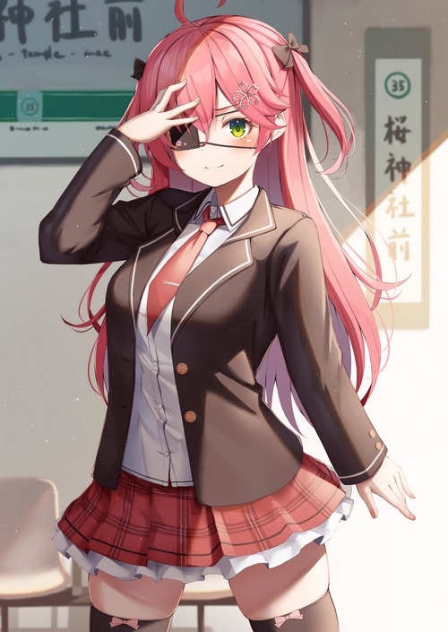 Sakura Miko in a school uniform with an eyepatch