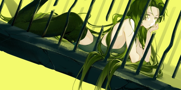 Uosaasou with green hair and green eyes behind bars