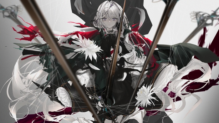 Narue artwork with white hair and red accents