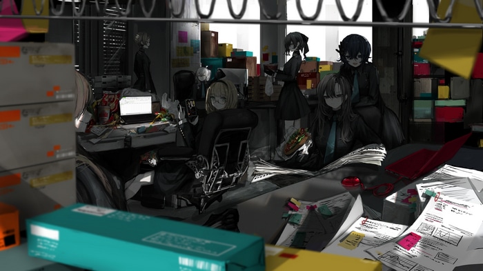 Office scene with characters and documents