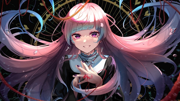 Anime girl with purple eyes and multi-colored hair