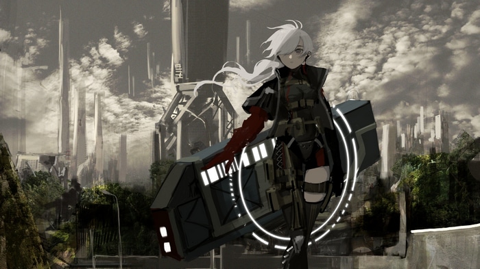 Anime girl with white hair holding a large weapon in a futuristic city