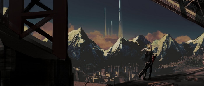 4K artwork of Narue with mountains and futuristic towers