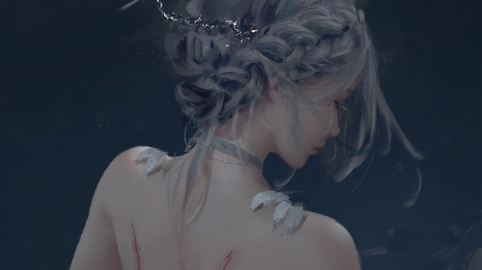 WLOP silver hair woman with feather details