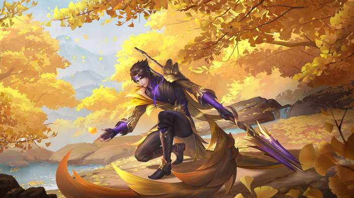 4K CGI video game art of a warrior in autumn