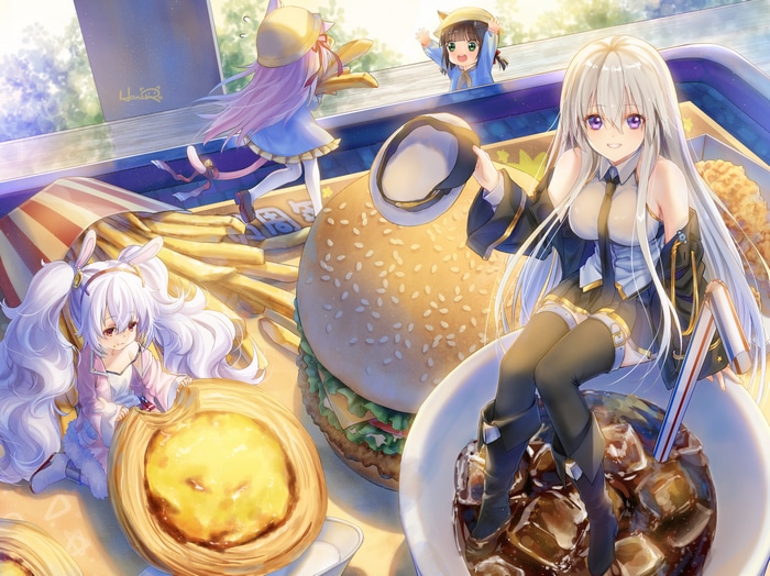 Azur Lane characters Enterprise, Laffey, Kisaragi, and Mutsuki with food