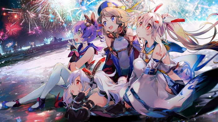 Azur Lane characters Ayanami, Laffey, Javelin, and Z23 watching fireworks