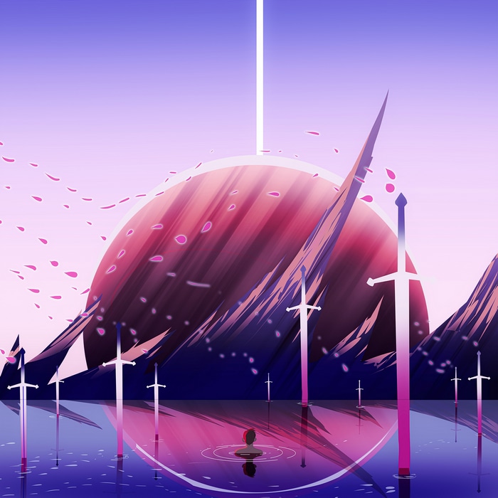 Surreal landscape with swords and a planet