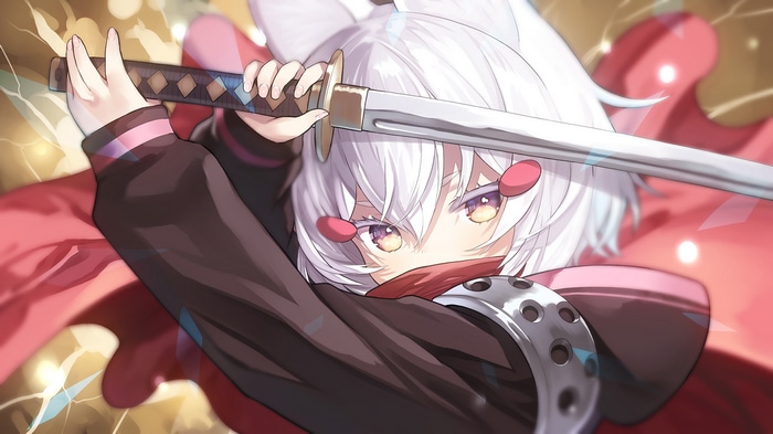Anime girl with white hair holding a sword