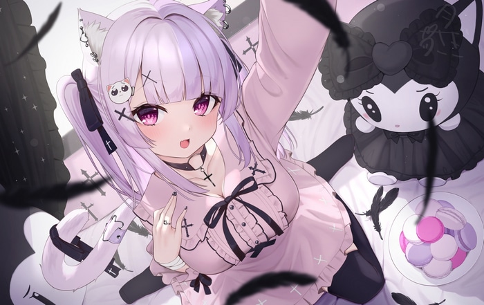 Cat girl with plush toy and macarons