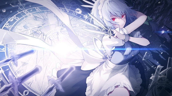 Izayoi Sakuya holding knives with swords in background